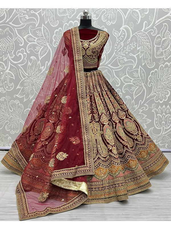 Pure Micro  Velvet Bridal  Wear Lehenga In Maroon With Embroidery Work 