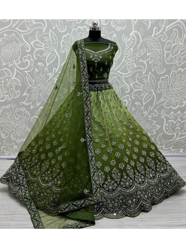 Soft Premium Net  Party Wear Lehenga In Green Color  With Embroidery Work