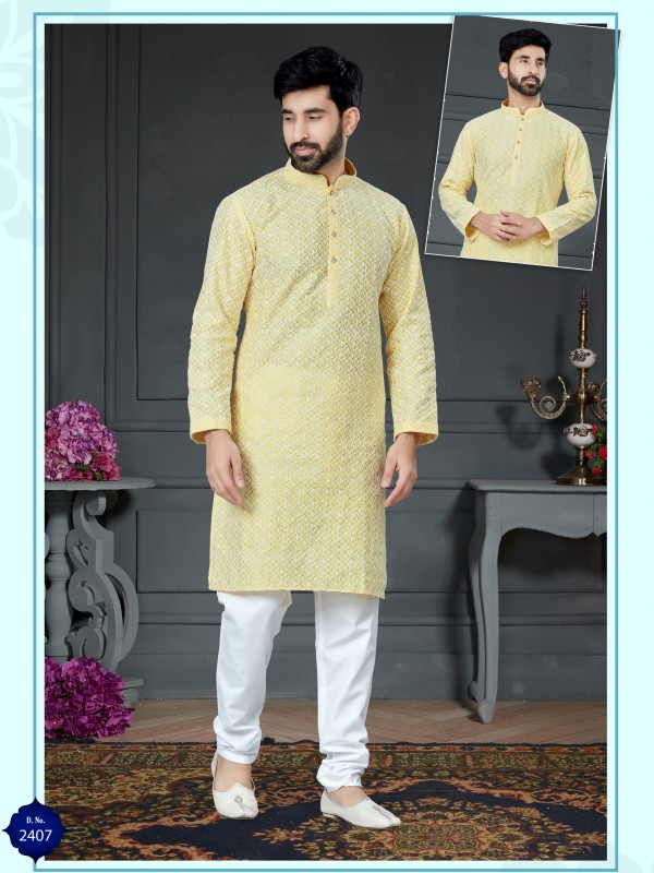 Wedding Wear Kurta set Cotton Silk fabric in Yellow with Embroidery work 