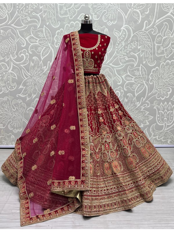 Pure Micro Velvet Bridal  Wear Lehenga In Pink Color With Embroidery Work 