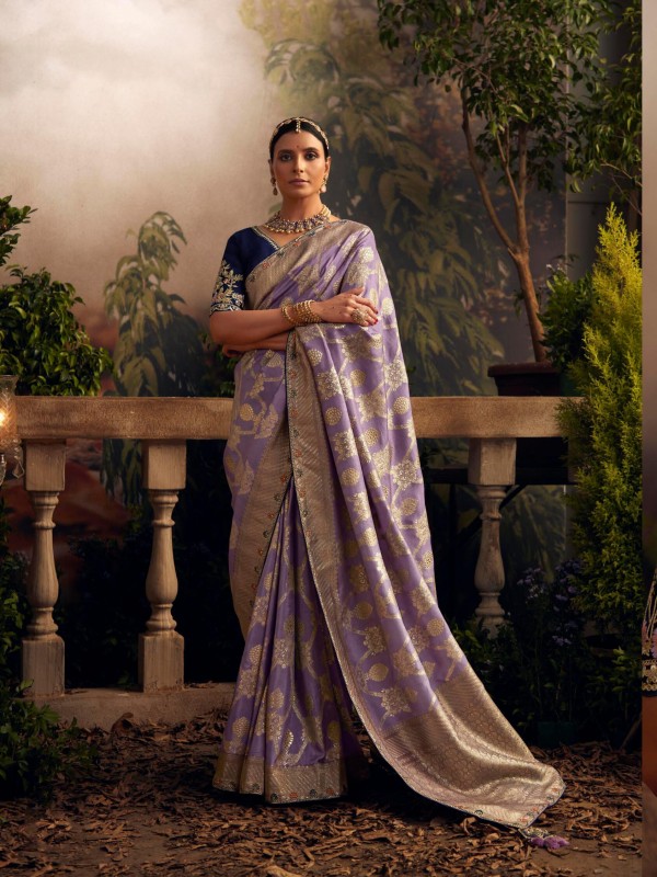  Pure Silk Saree In Lavender Color With Embrodiery  Work