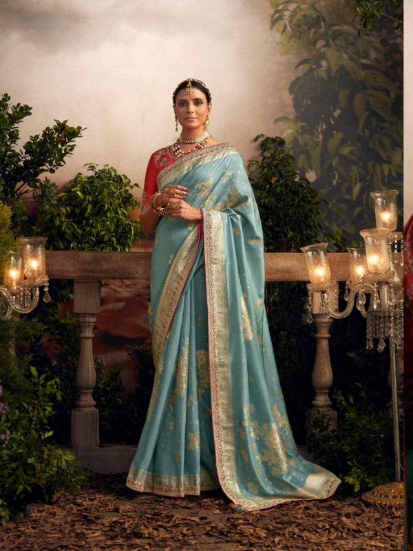  Pure Silk Saree In Blue Color With Embrodiery  Work