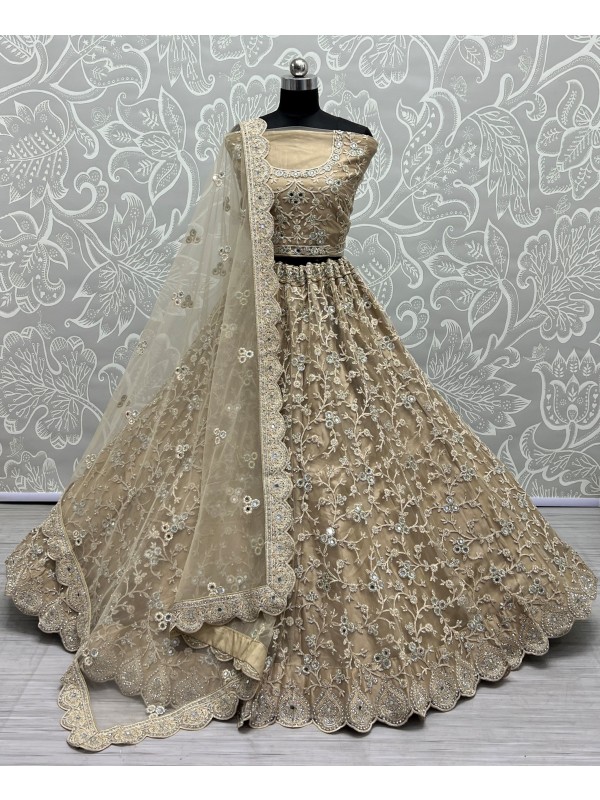 Soft Premium Net  Party Wear Lehenga In Beige Color  With Embroidery Work