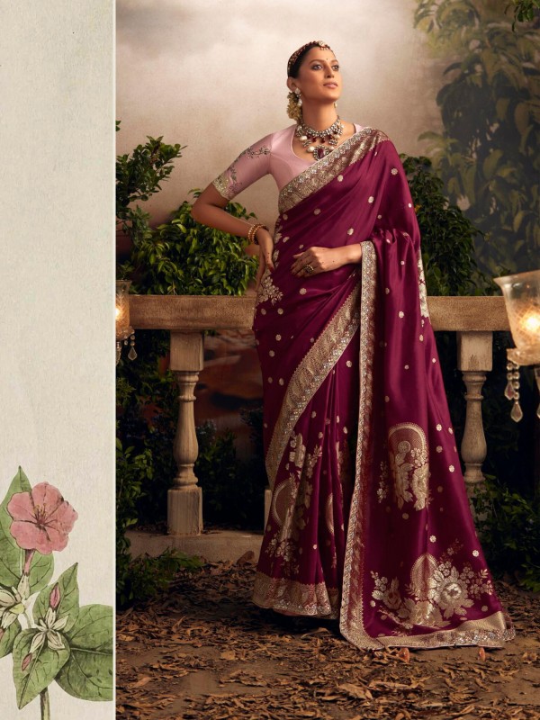  Pure Silk Saree In WineColor With Embrodiery  Work