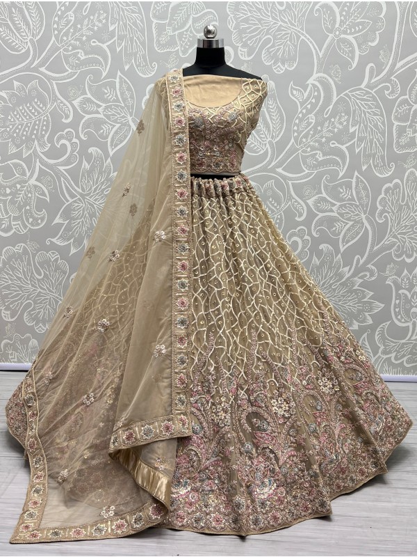Soft Premium Net Wedding Wear Lehenga In Beige Color  With Embroidery Work