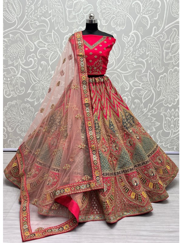 Silk Wedding Wear Lehenga In Pink Color  With Embroidery Work