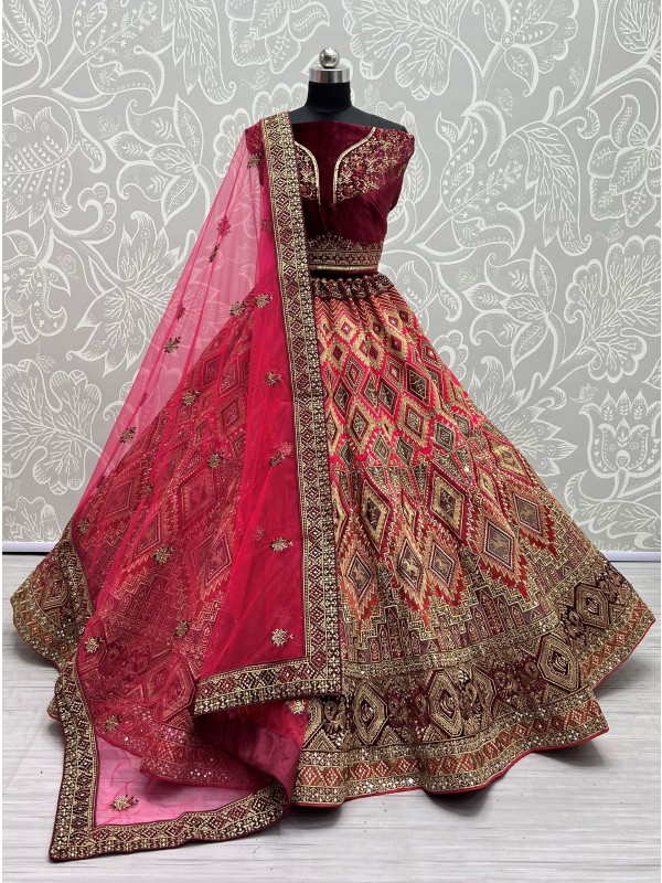 Pure Micro Velvet Bridal  Wear Lehenga In Maroon Color With Embroidery Work 