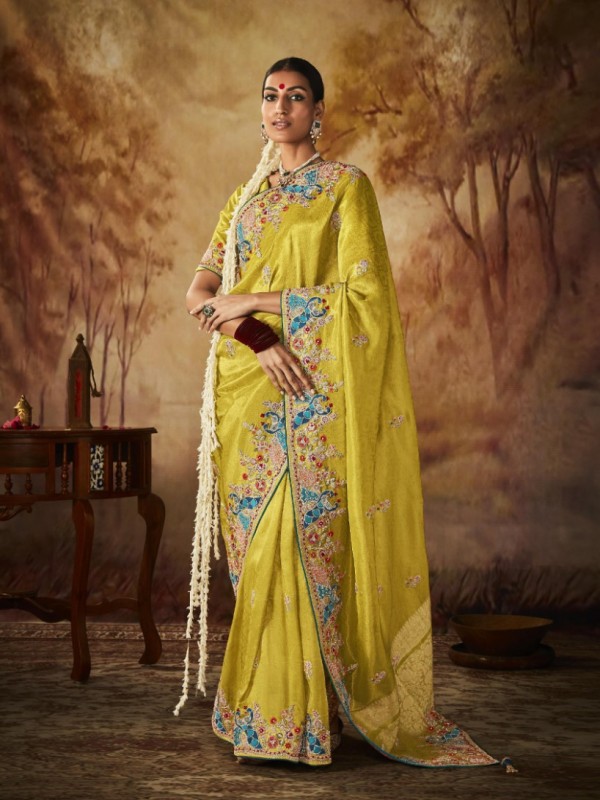  Pure Banarasi Kanjivaram Silk Saree In Yellow Color With Embroidery  Work