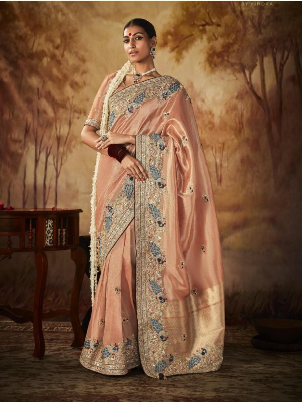  Pure Banarasi Kanjivaram Silk Saree In Peach Color With Embroidery  Work