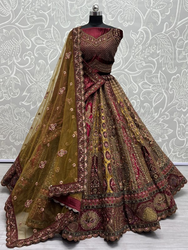 Pure Micro Velvet Wedding Wear Lehenga In Maroon Color With Embroidery Work