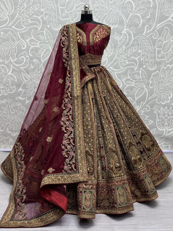Pure Micro Velvet Wedding Wear Lehenga In Maroon Color With Embroidery Work