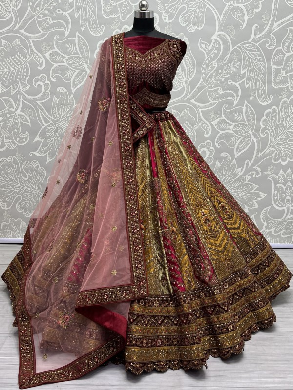 Pure Micro Velvet Wedding Wear Lehenga In Mustard Color With Embroidery Work