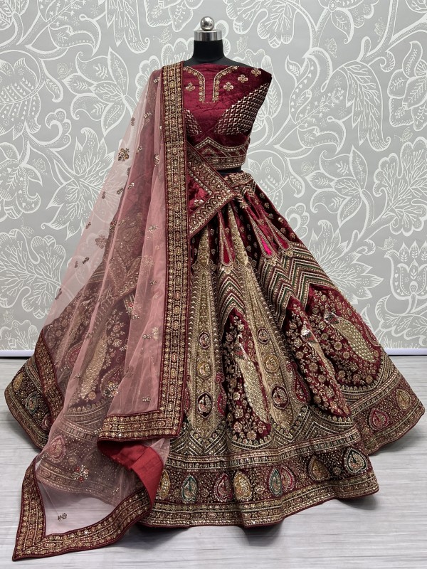 Pure Micro Velvet Wedding Wear Lehenga In Maroon Color With Embroidery Work