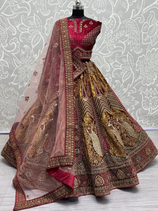 Pure Micro Velvet Wedding Wear Lehenga In Mustard Color With Embroidery Work