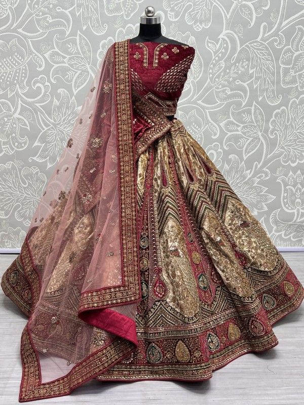 Pure Micro Velvet Wedding Wear Lehenga In Chicku Color With Embroidery Work