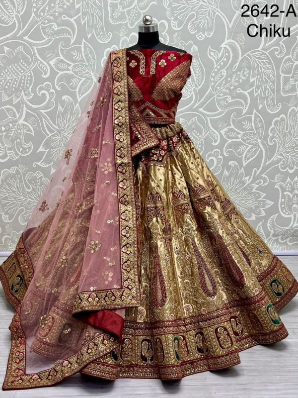 Pure Micro Velvet Wedding Wear Lehenga In Chicku Color With Embroidery Work