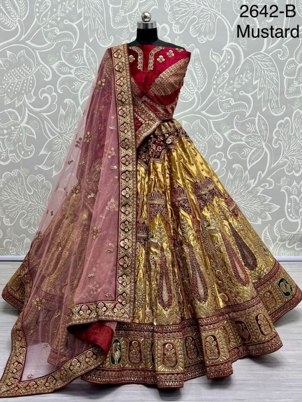 Pure Micro Velvet Wedding Wear Lehenga In Mustard Color With Embroidery Work