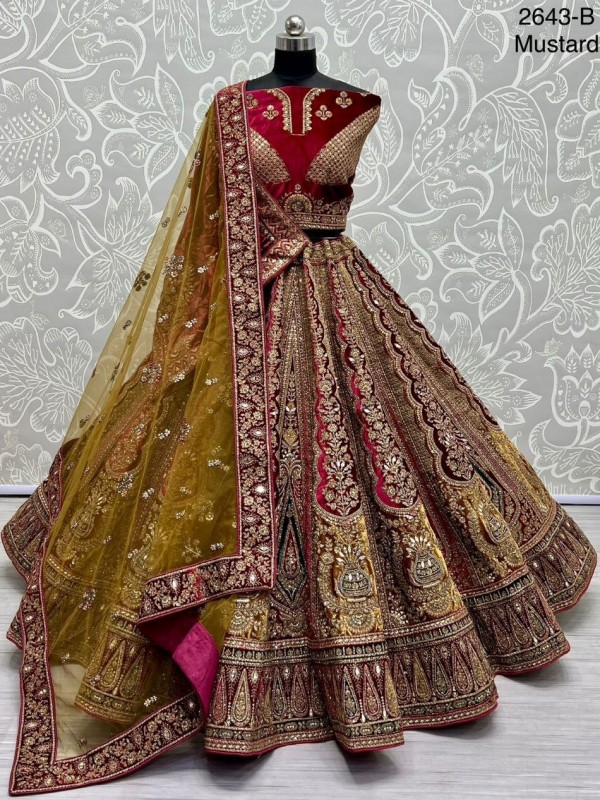 Pure Micro Velvet Wedding Wear Lehenga In Mustard Color With Embroidery Work