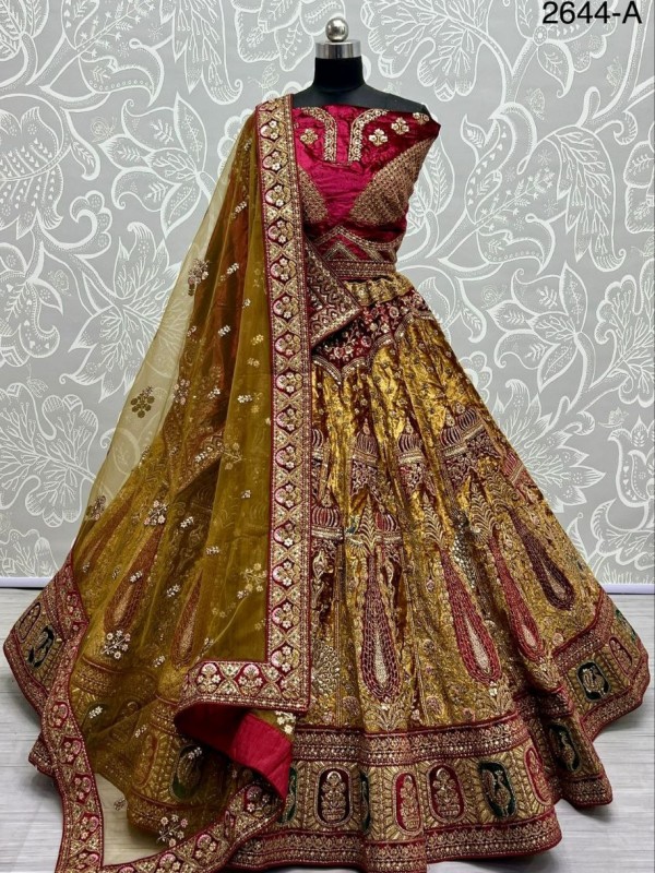 Pure Micro Velvet Wedding Wear Lehenga In Mustard Color With Embroidery Work