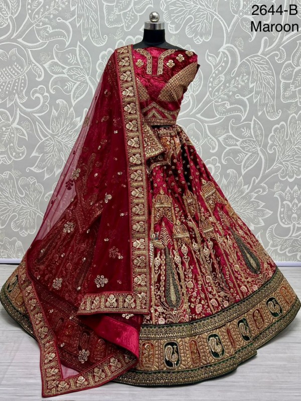 Pure Micro Velvet Wedding Wear Lehenga In Maroon Color With Embroidery Work