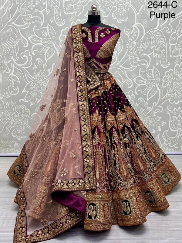 Pure Micro Velvet Wedding Wear Lehenga In Purple Color With Embroidery Work