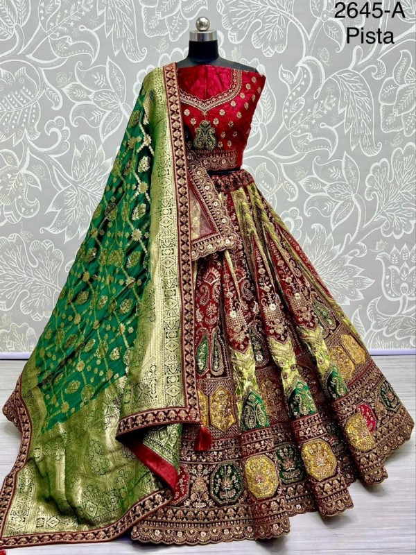 Pure Micro Velvet Wedding Wear Lehenga In Pista Color With Embroidery Work