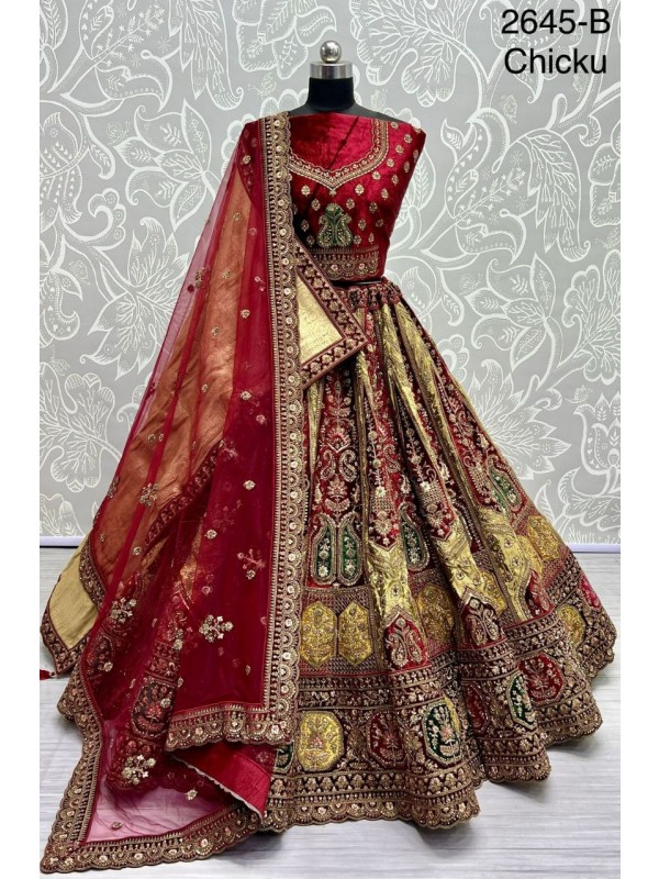 Pure Micro Velvet Wedding Wear Lehenga In Multi Color With Embroidery Work