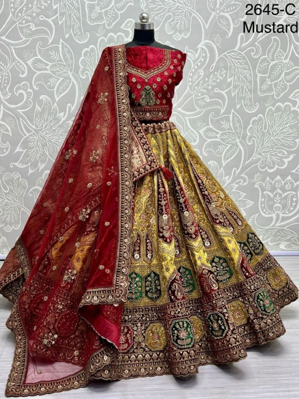 Pure Micro Velvet Wedding Wear Lehenga In Mustard Color With Embroidery Work