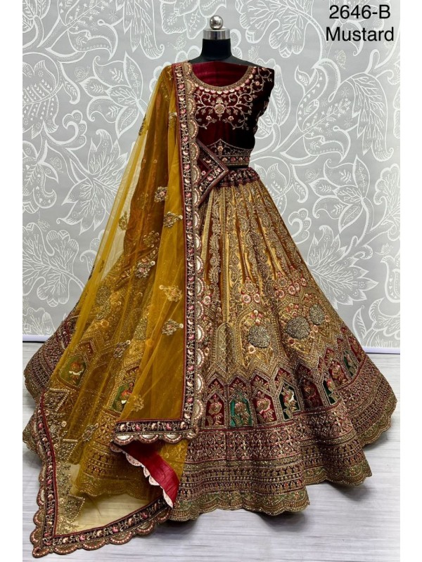 Pure Micro Velvet Wedding Wear Lehenga In Mustard Color With Embroidery Work