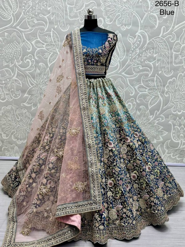 Pure Micro Velvet Wedding Wear Lehenga In Blue Color With Embroidery Work