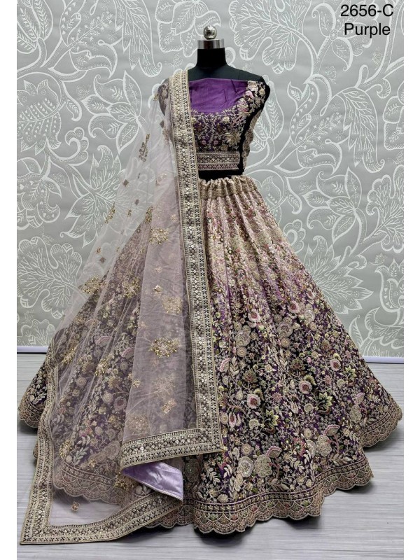 Pure Micro Velvet Wedding Wear Lehenga In Purple Color With Embroidery Work