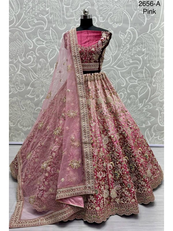 Pure Micro Velvet Wedding Wear Lehenga In Pink Color With Embroidery Work