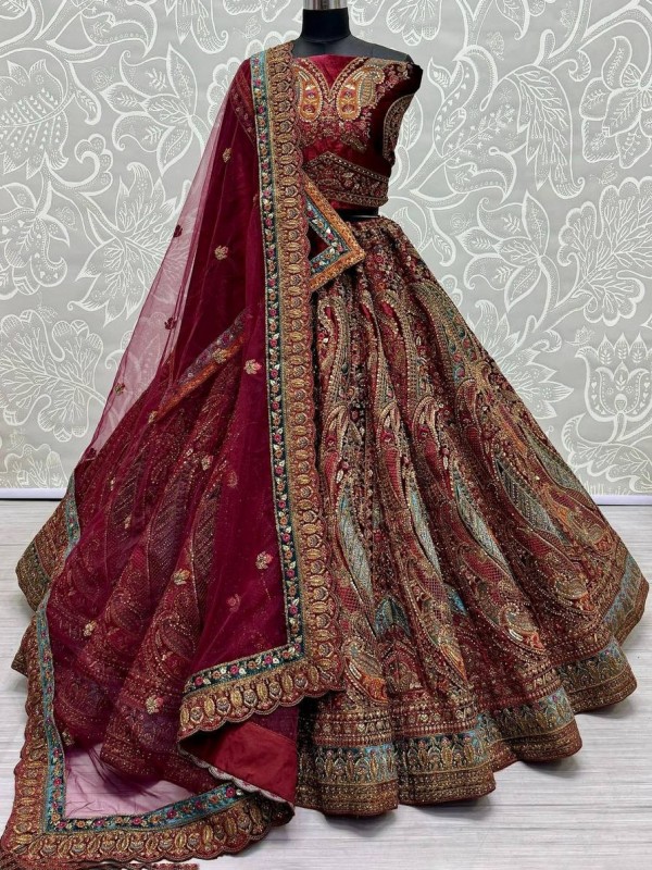 Pure Micro velvet Wedding Wear Lehenga In Maroon Color With Embroidery Work
