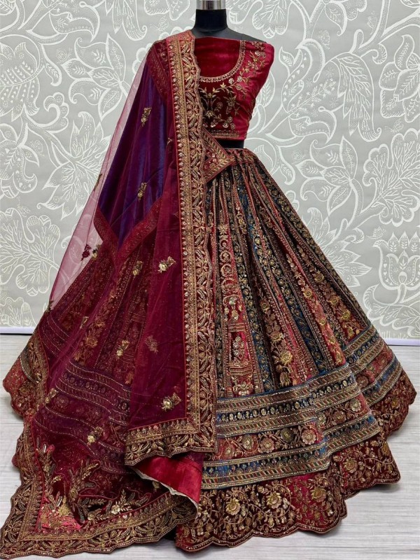 Pure Micro velvet Wedding Wear Lehenga In Maroon Color With Embroidery Work