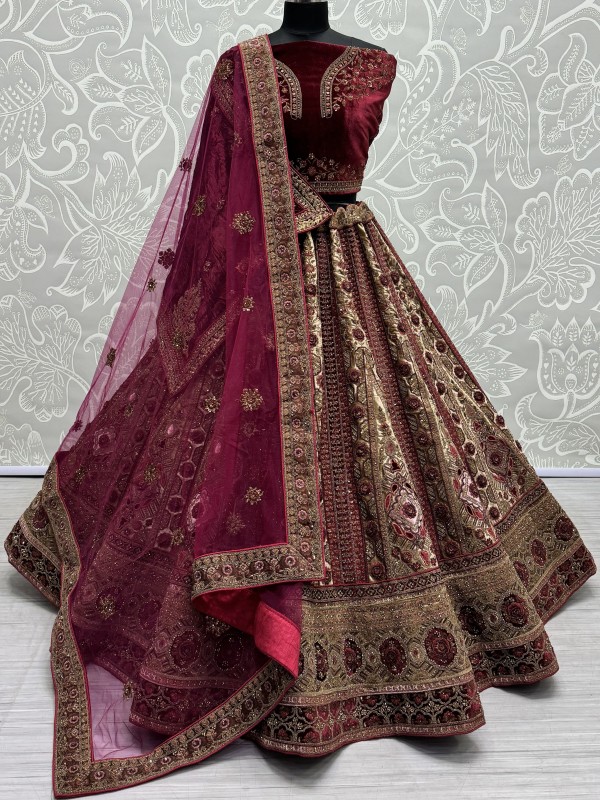 Pure Micro velvet Wedding Wear Lehenga In Beige-Maroon Color With Embroidery Work