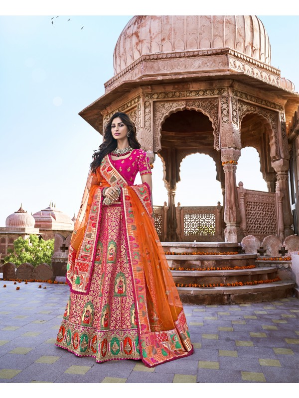 Pure Banarasi Silk Wedding Lehenga in Pink & Orange With Embroidery and stone work