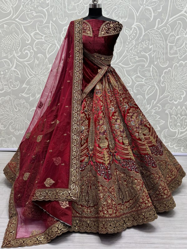Pure Micro velvet Wedding Wear Lehenga In Red Color With Embroidery Work