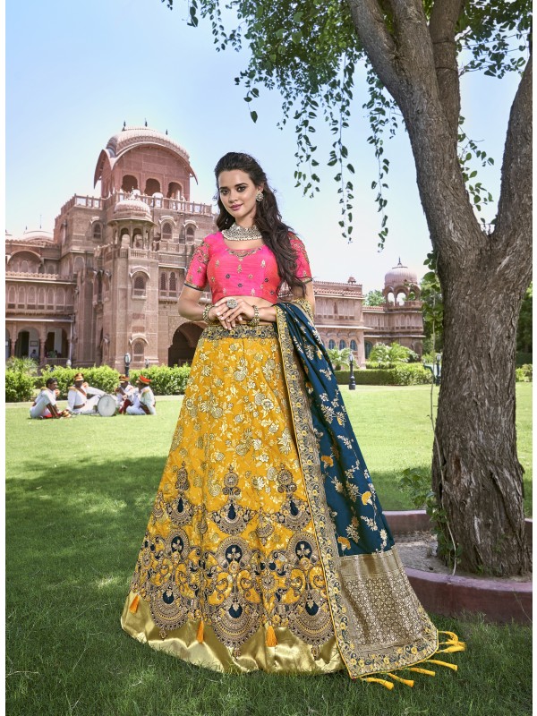 Pure Banarasi Silk Wedding Lehenga in Yellow & Blue With Embroidery and stone work