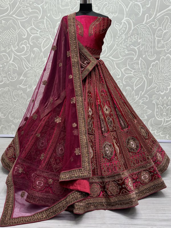 Pure Micro velvet Wedding Wear Lehenga In Pink Color With Embroidery Work