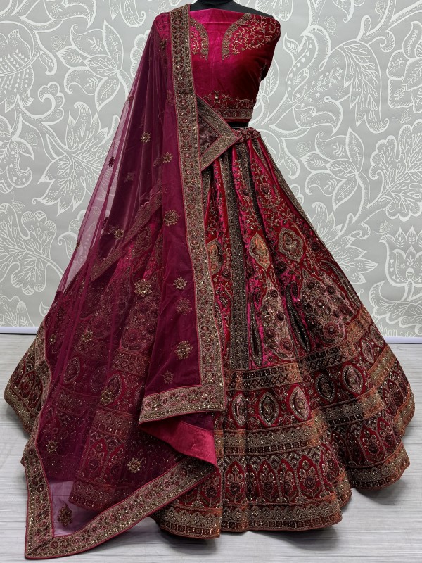 Pure Micro velvet Wedding Wear Lehenga In Rani Color With Embroidery Work