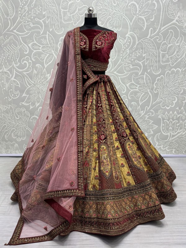 Pure Micro velvet Wedding Wear Lehenga In Mustard Color With Embroidery Work