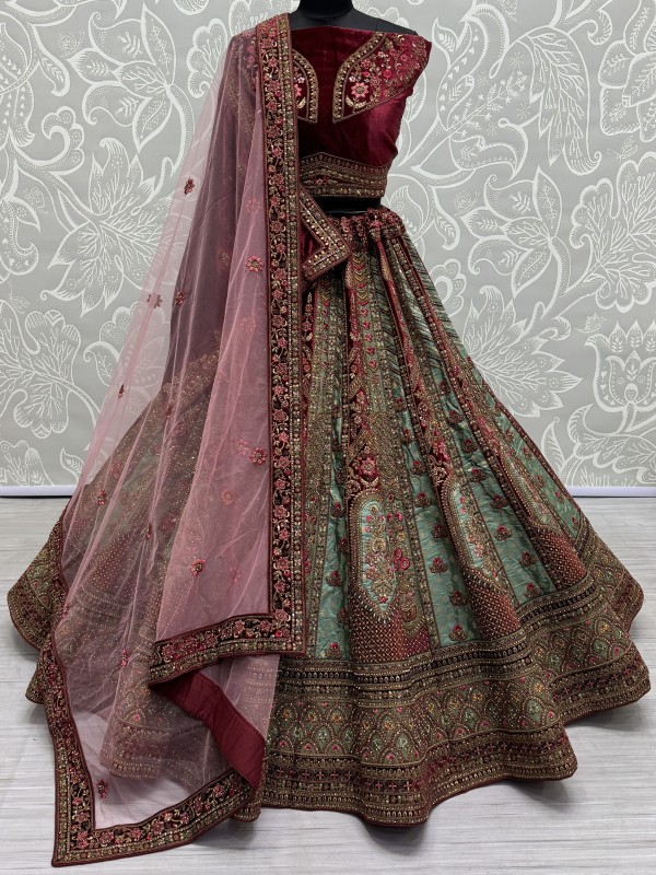 Pure Micro velvet Wedding Wear Lehenga In Pista Color With Embroidery Work