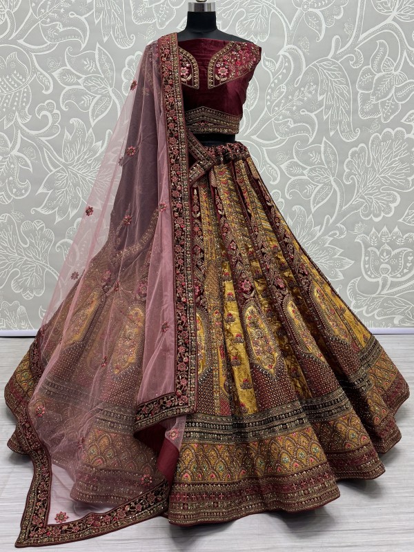 Pure Micro velvet Wedding Wear Lehenga In Golden Color With Embroidery Work