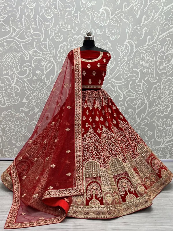 Pure Micro velvet Wedding Wear Lehenga In Red Color With Embroidery Work