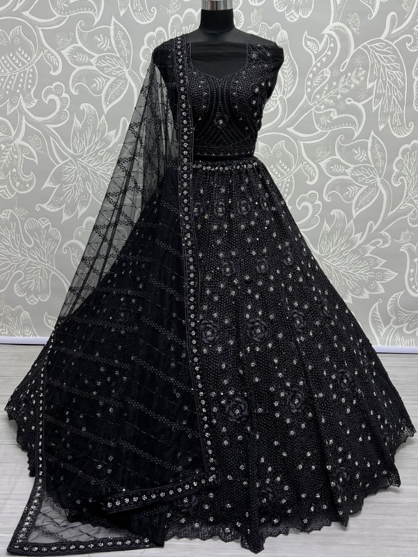 Soft Premium Net Wedding Wear Lehenga In Black Color With Embroidery Work