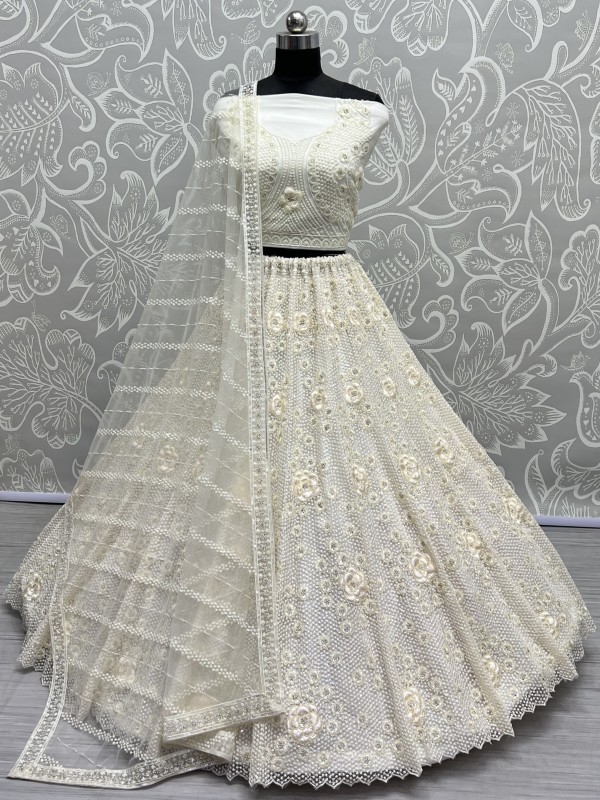 Soft Premium Net Wedding Wear Lehenga In Off White Color With Embroidery Work