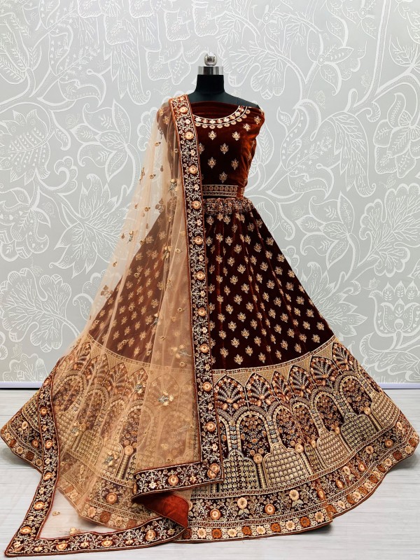 Pure Micro velvet Wedding Wear Lehenga In Coffee Color With Embroidery Work
