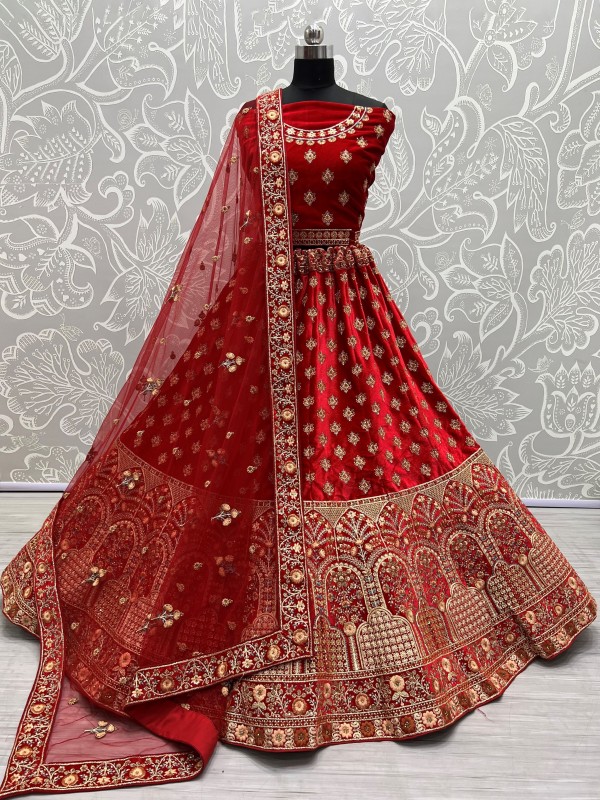 Pure Micro velvet Wedding Wear Lehenga In Red Color With Embroidery Work