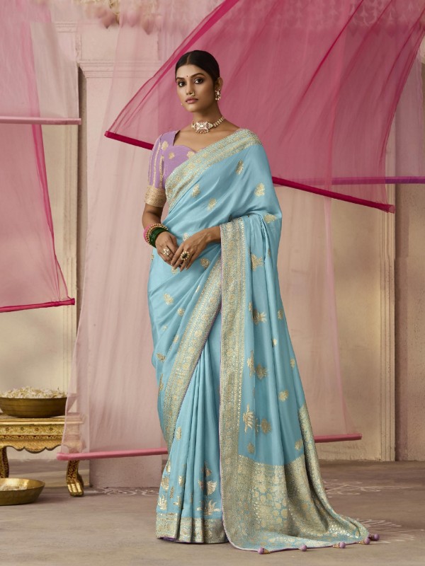 Pure Dola Silk Party wear Saree In Sky Blue Color 