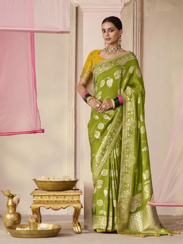 Pure Dola Silk Party wear Saree In Lemon Green Color 